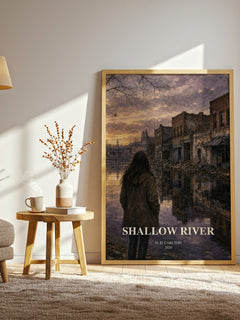 Shallow River watercolour print in frame leaning in hallway – contemporary fiction wall art