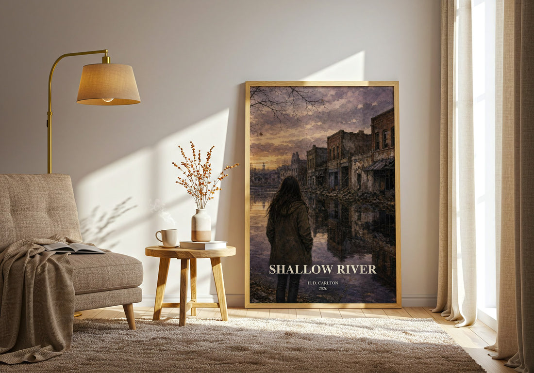 Shallow River watercolour print in frame leaning in hallway – contemporary fiction wall art