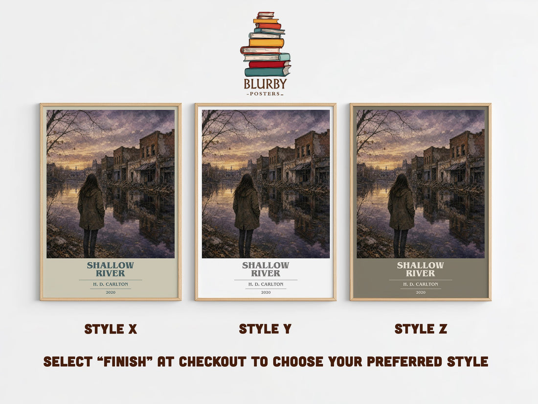 Shallow River book cover print in frame leaning in hallway – contemporary fiction wall art (mockup)