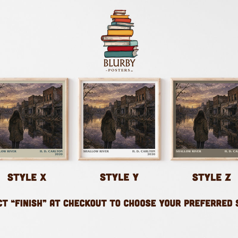 Shallow River literary print in frame leaning in hallway – contemporary fiction wall art