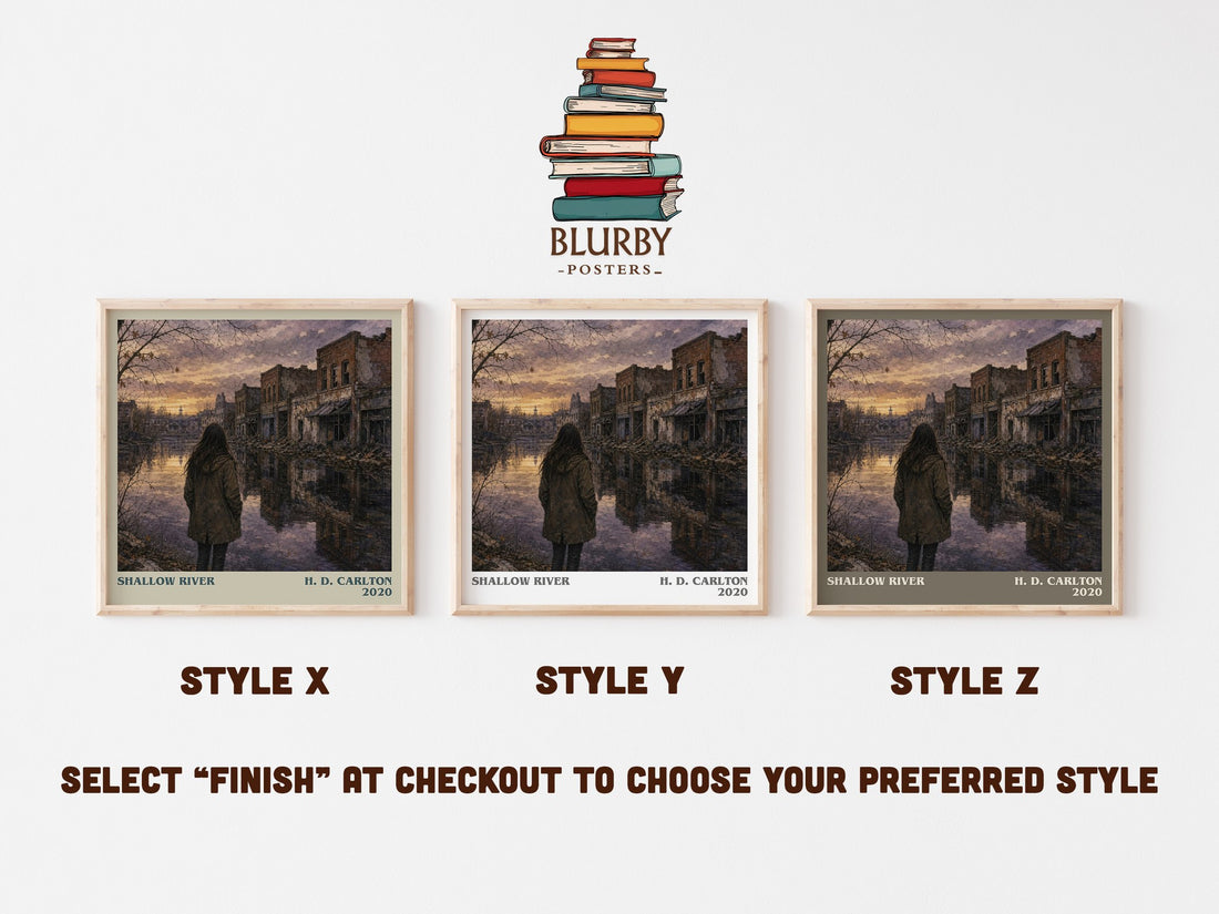 Shallow River literary print in frame leaning in hallway – contemporary fiction wall art (mockup)