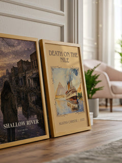Shallow River watercolour print framed by window – literary home decor