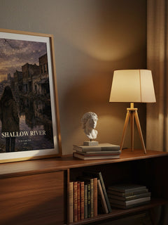 Shallow River watercolour print on bookshelf – H. D. Carlton fan gift