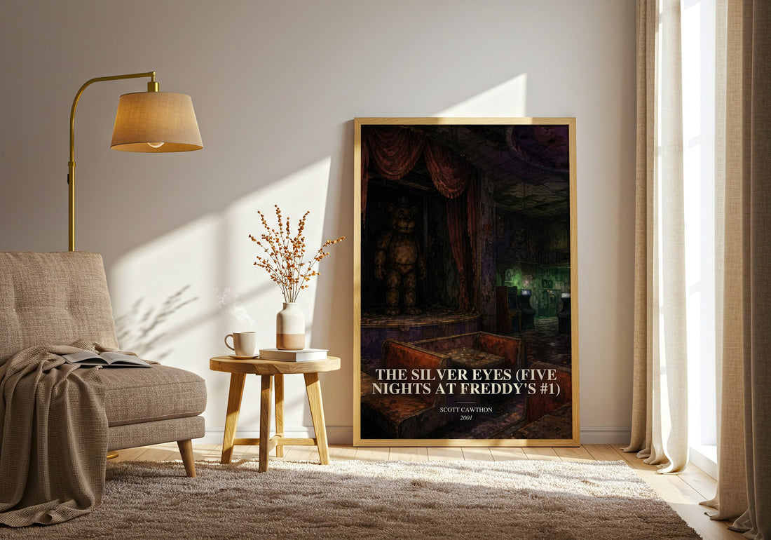 The Silver Eyes (Five Nights At Freddy's #1) watercolour print in frame leaning in hallway – horror wall art