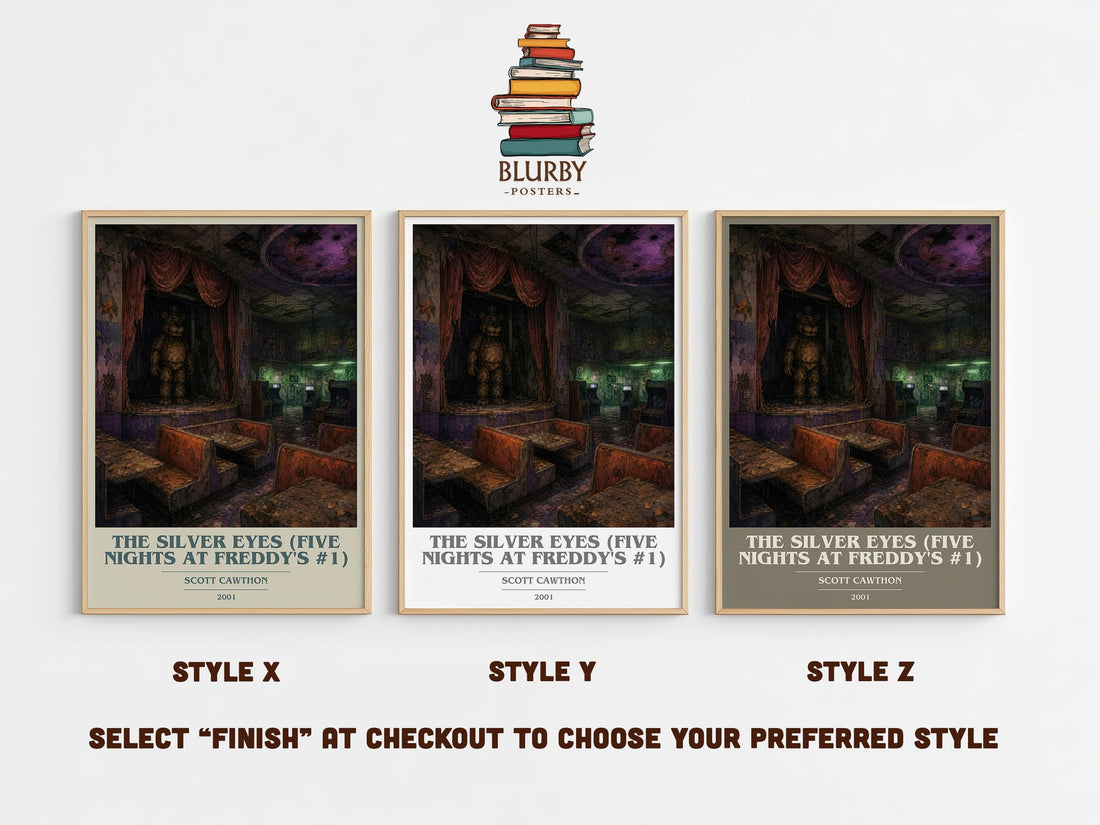 The Silver Eyes (Five Nights At Freddy's #1) book cover print in frame leaning in hallway – horror wall art (mockup)