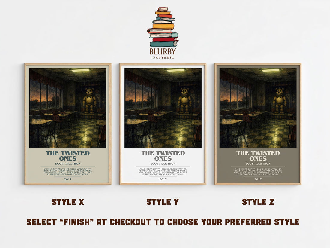The Twisted Ones bookish print in frame leaning in hallway – horror wall art (mockup)