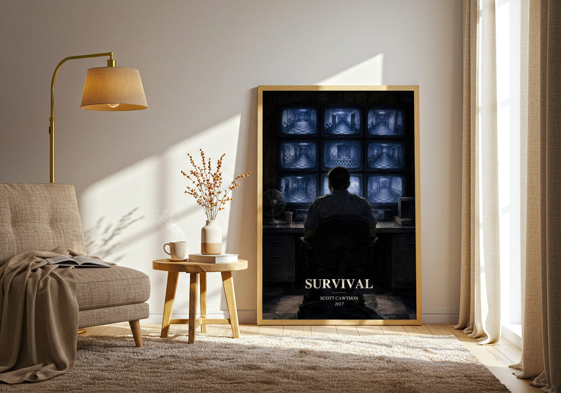 Survival watercolour print in frame leaning in hallway – horror wall art