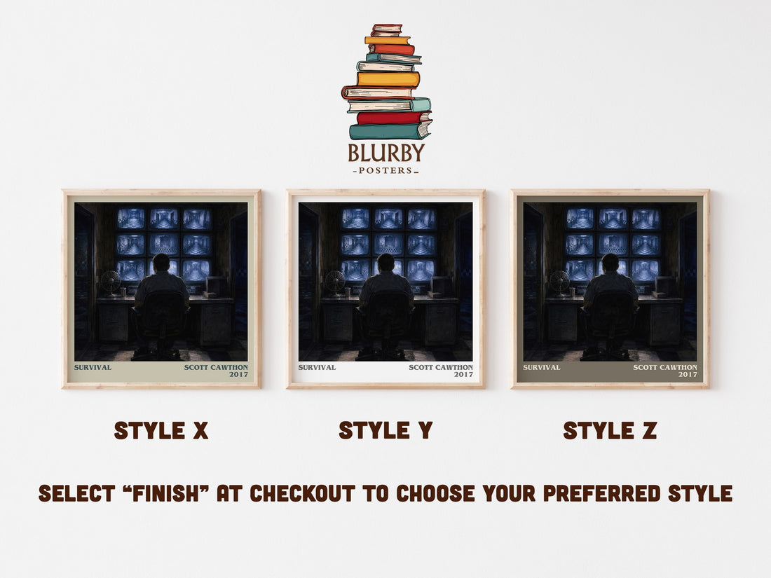 Survival literary print in frame leaning in hallway – horror wall art (mockup)