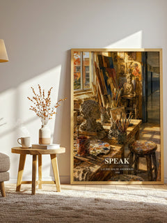 Speak watercolour print in frame leaning in hallway – young adult wall art