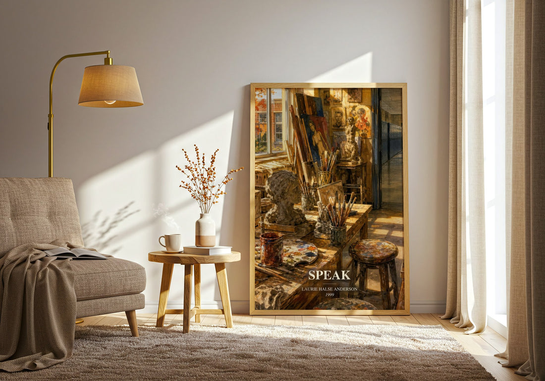 Speak watercolour print in frame leaning in hallway – young adult wall art