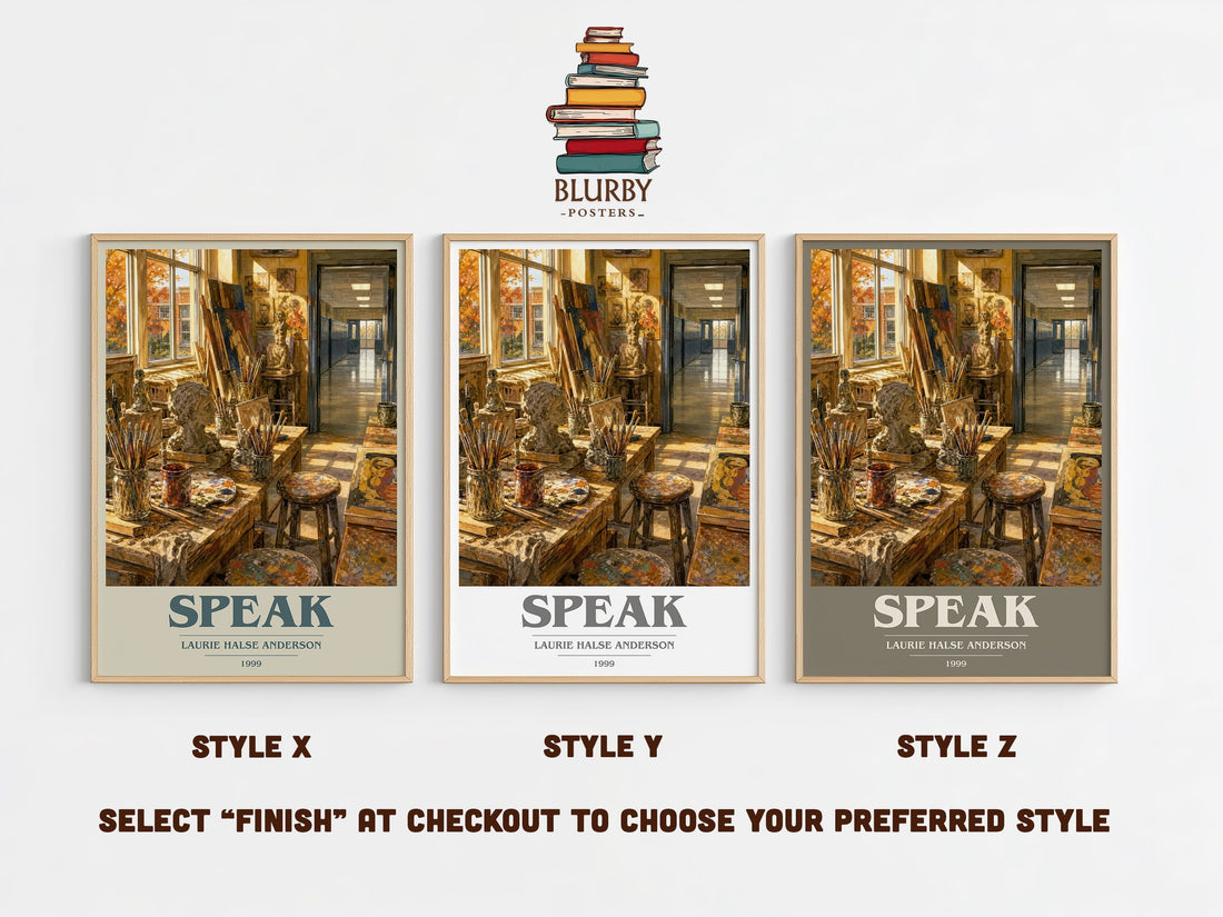 Speak book cover print in frame leaning in hallway – young adult wall art (mockup)