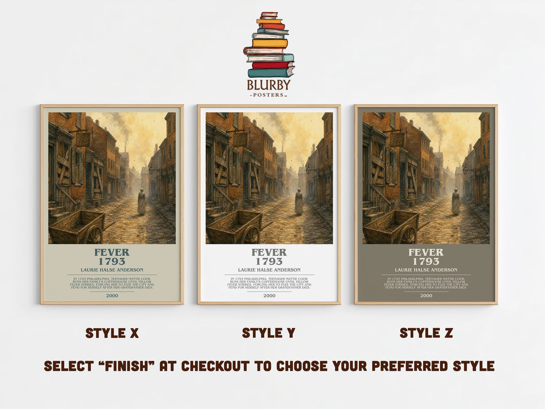 Fever 1793 bookish print in frame leaning in hallway – historical fiction wall art (mockup)
