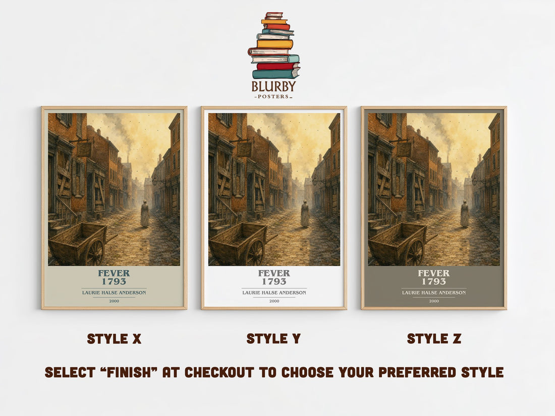 Fever 1793 book cover print in frame leaning in hallway – historical fiction wall art (mockup)