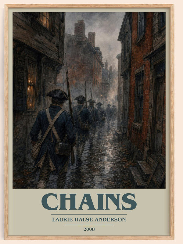 Chains book cover book poster by Laurie Halse Anderson – framed literary art print