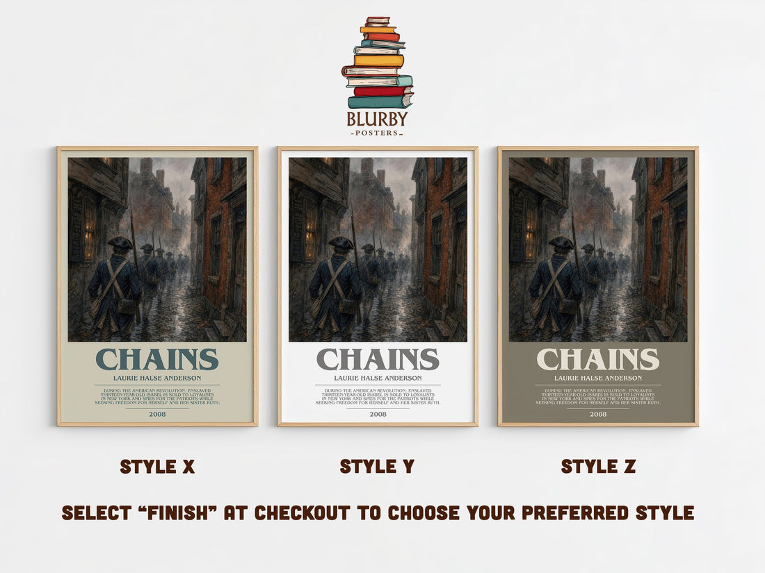 Chains bookish print in frame leaning in hallway – historical fiction wall art (mockup)