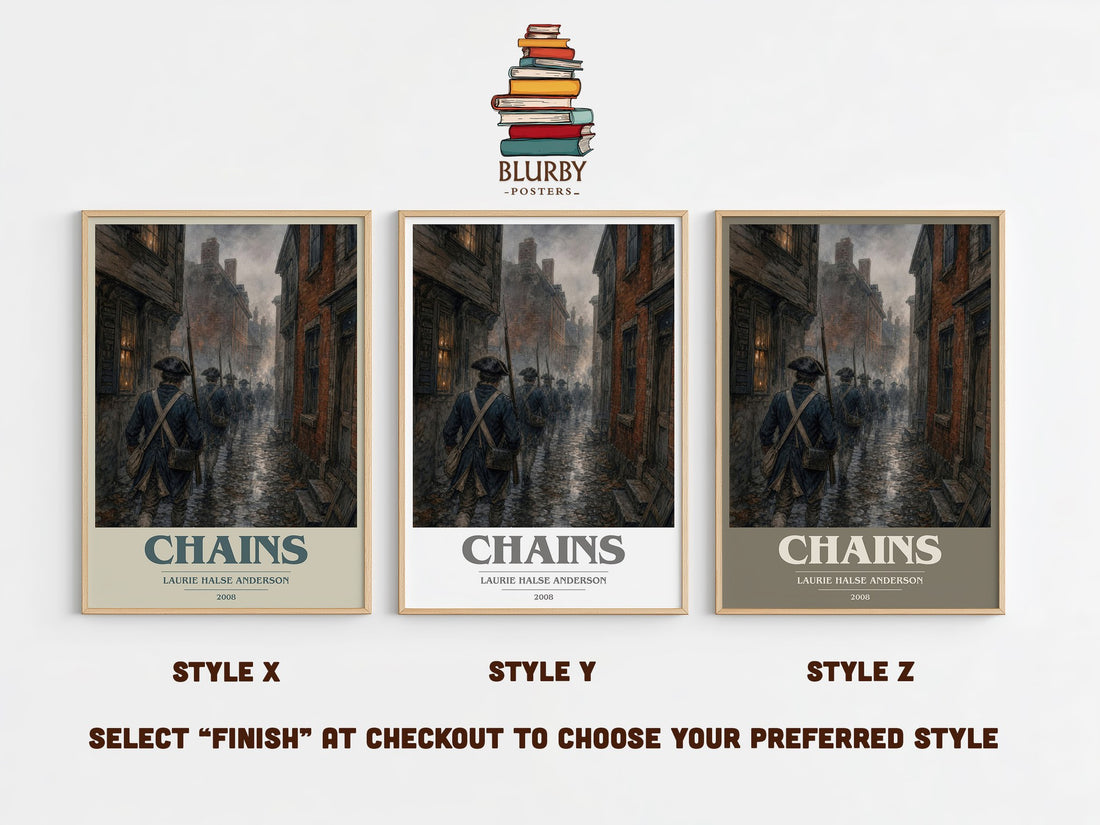 Chains book cover print in frame leaning in hallway – historical fiction wall art (mockup)