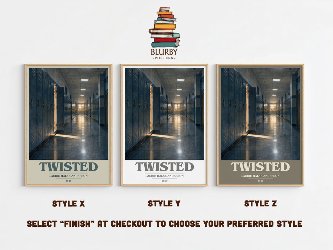 Twisted book cover print in frame leaning in hallway – young adult wall art (mockup)