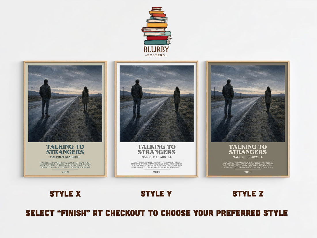 Talking to Strangers bookish print in frame leaning in hallway – non fiction wall art (mockup)
