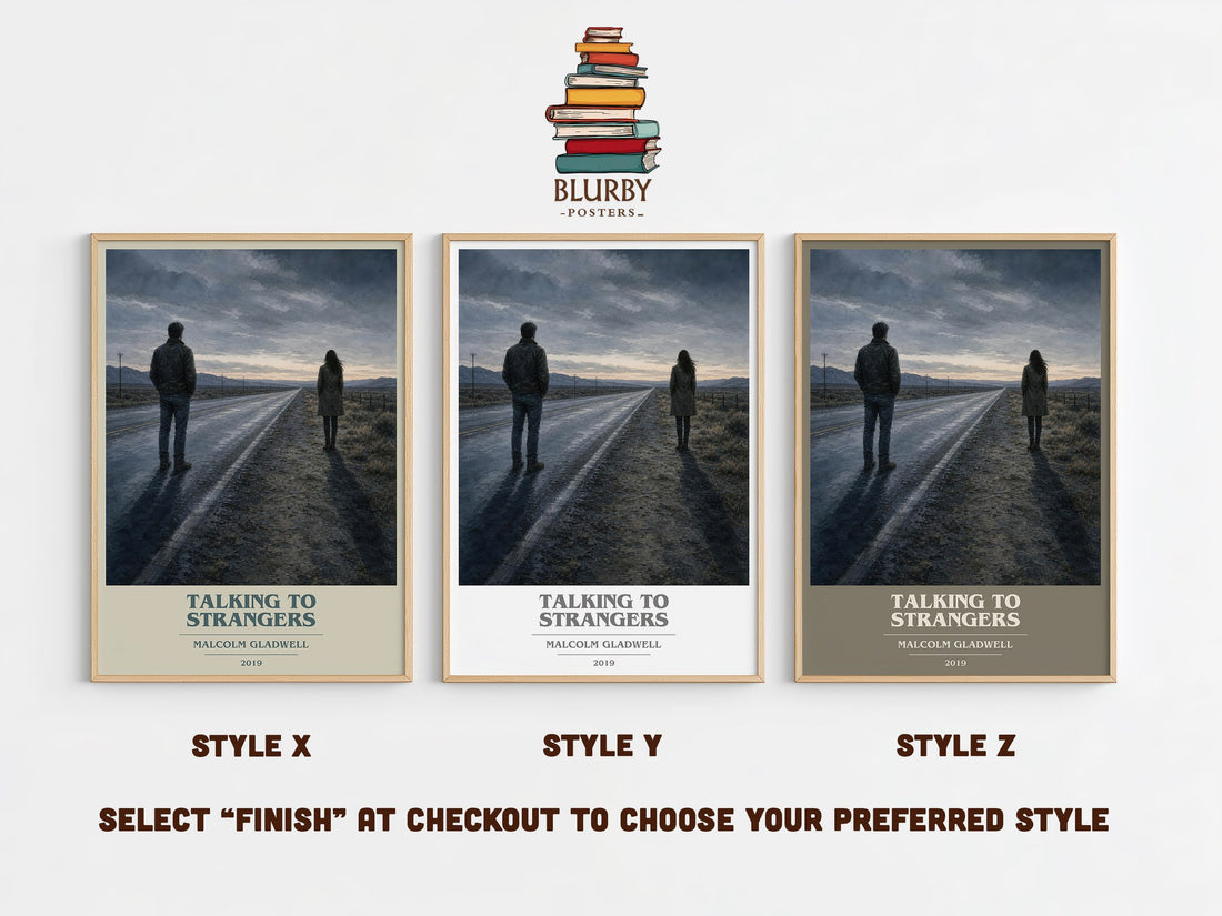 Talking to Strangers book cover print in frame leaning in hallway – non fiction wall art (mockup)