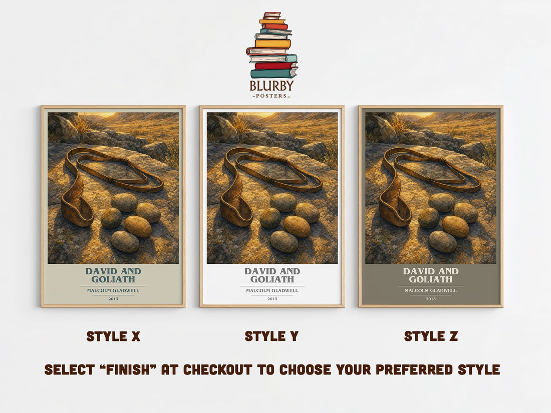 David and Goliath book cover print in frame leaning in hallway – non fiction wall art (mockup)