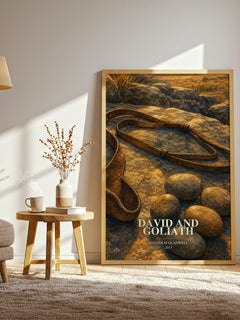 David and Goliath watercolour print in frame leaning in hallway – non fiction wall art