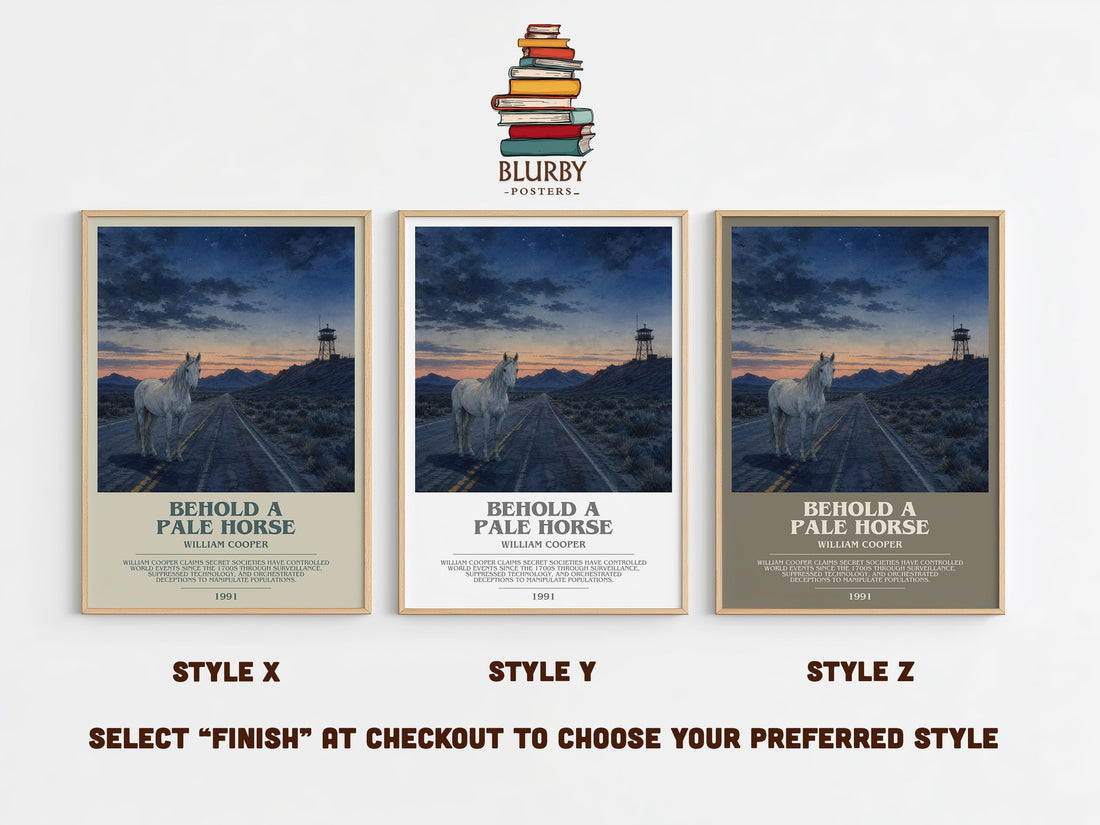 Behold a Pale Horse bookish print in frame leaning in hallway – non fiction wall art (mockup)