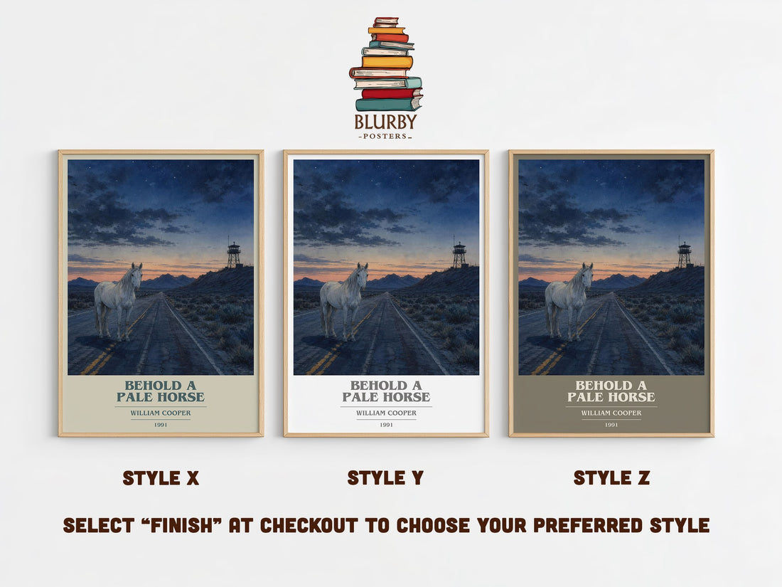 Behold a Pale Horse book cover print in frame leaning in hallway – non fiction wall art (mockup)