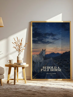 Behold a Pale Horse watercolour print in frame leaning in hallway – non fiction wall art