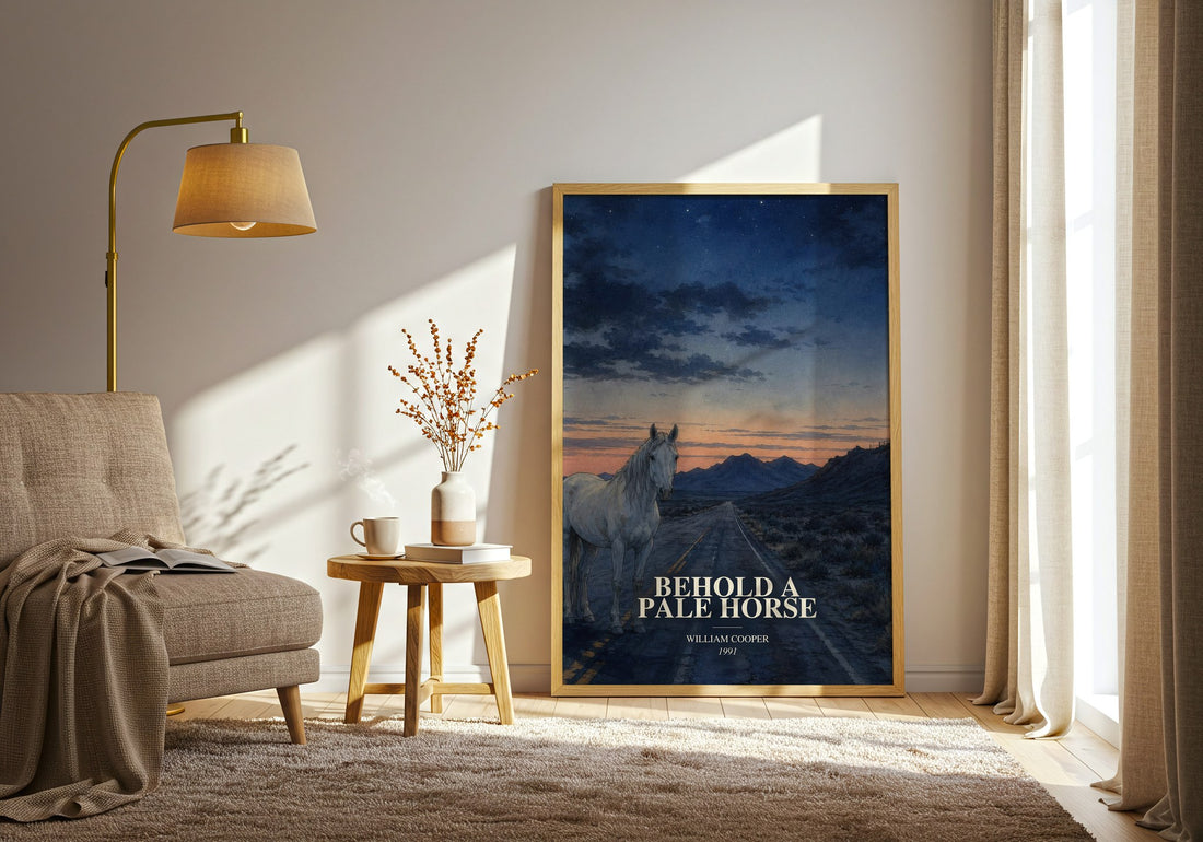 Behold a Pale Horse watercolour print in frame leaning in hallway – non fiction wall art