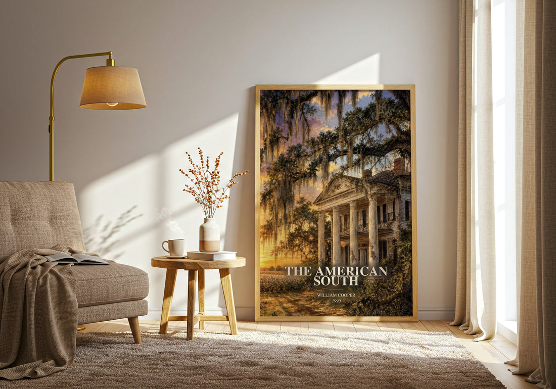 The American South watercolour print in frame leaning in hallway – non fiction wall art