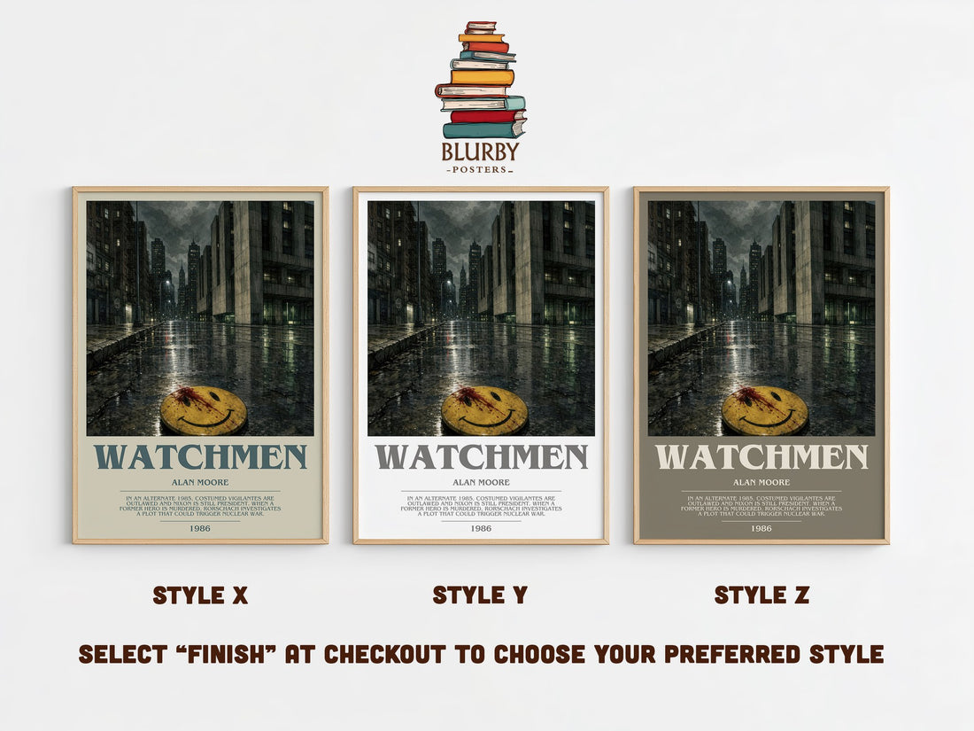 Watchmen bookish print in frame leaning in hallway – sci fi wall art (mockup)