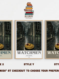 Watchmen book cover print in frame leaning in hallway – sci fi wall art