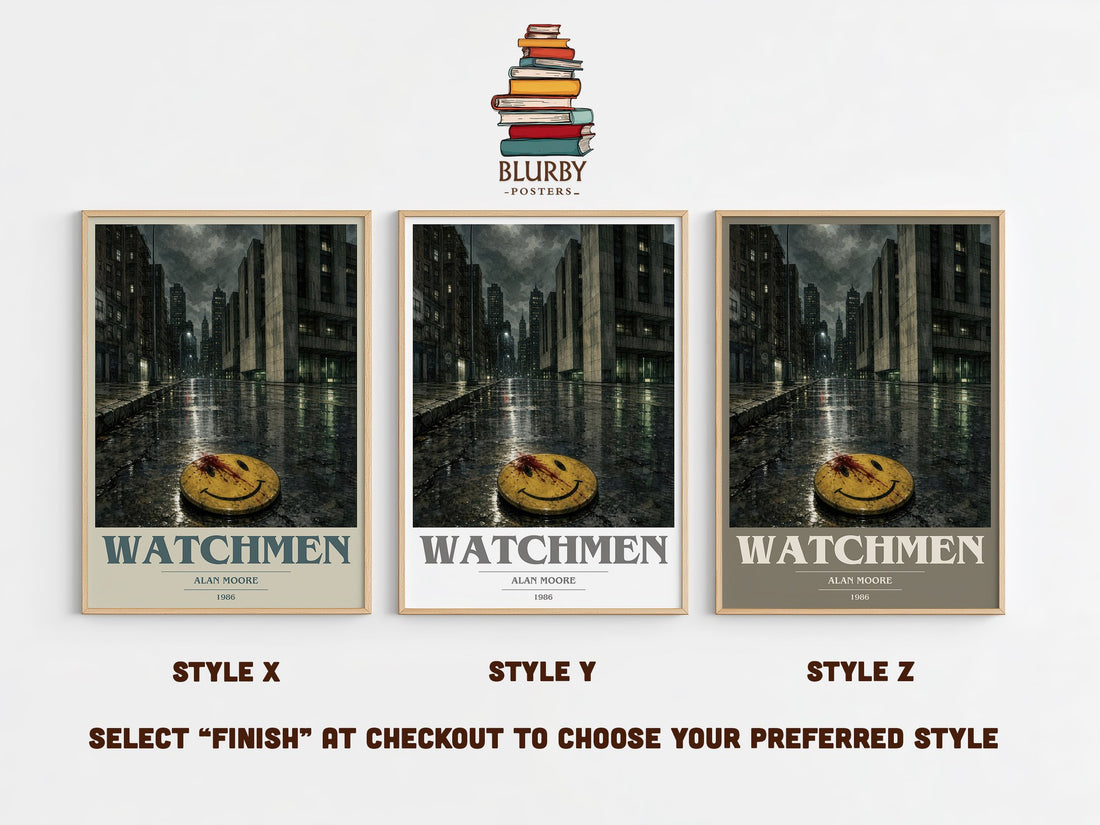 Watchmen book cover print in frame leaning in hallway – sci fi wall art (mockup)