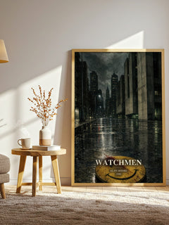 Watchmen watercolour print in frame leaning in hallway – sci fi wall art