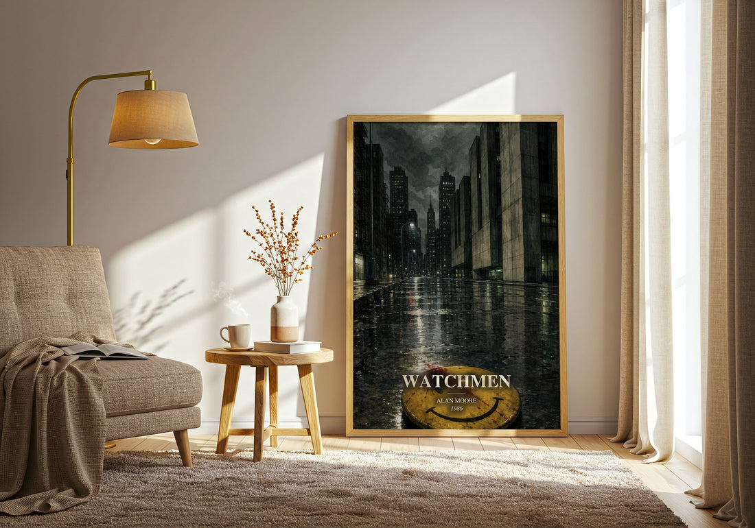 Watchmen watercolour print in frame leaning in hallway – sci fi wall art