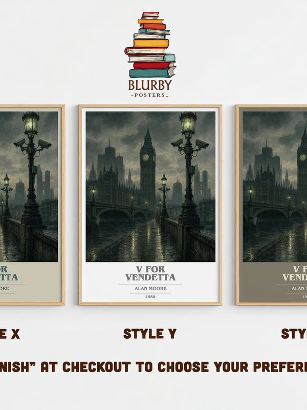 V for Vendetta book cover print in frame leaning in hallway – dystopian wall art