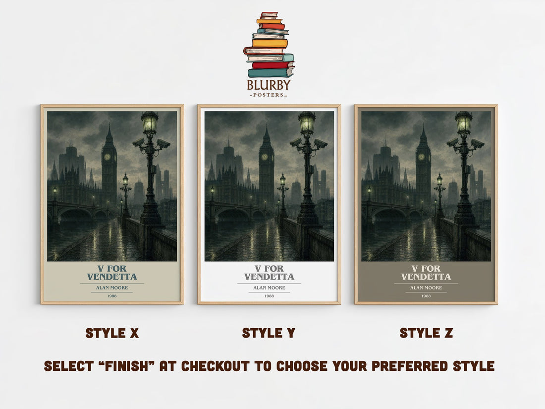 V for Vendetta book cover print in frame leaning in hallway – dystopian wall art (mockup)