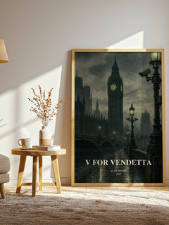 V for Vendetta watercolour print in frame leaning in hallway – dystopian wall art