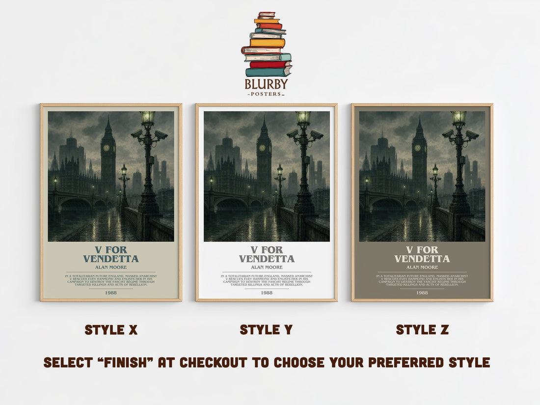 V for Vendetta bookish print in frame leaning in hallway – dystopian wall art (mockup)