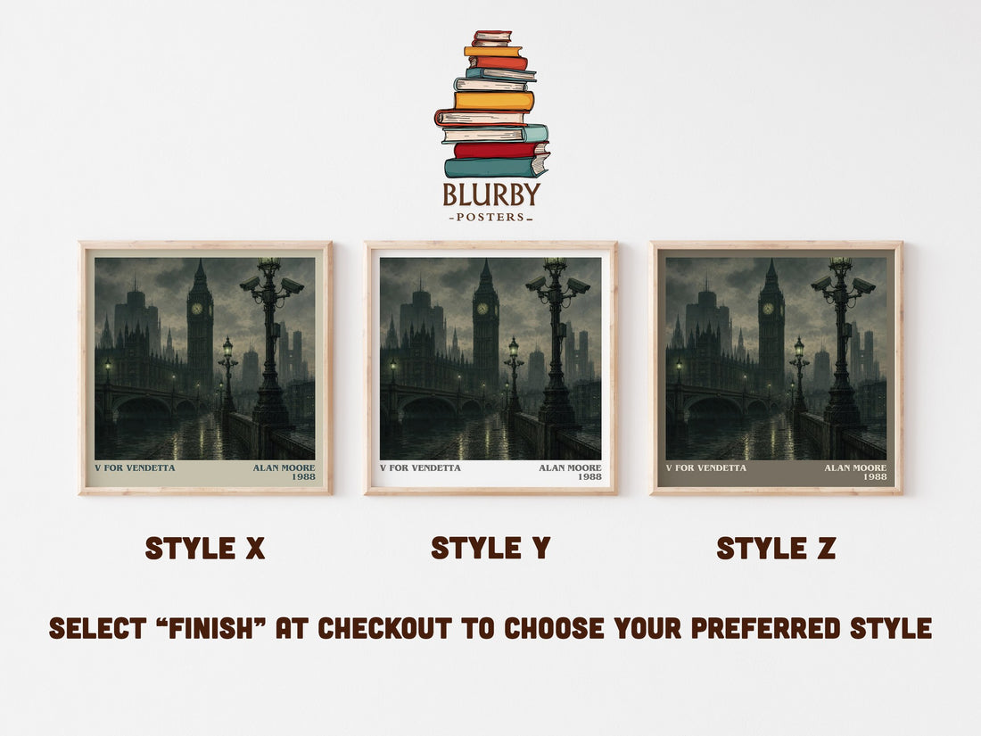 V for Vendetta literary print in frame leaning in hallway – dystopian wall art (mockup)