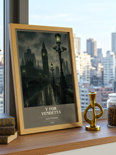 V for Vendetta book cover print framed by window – literary home decor
