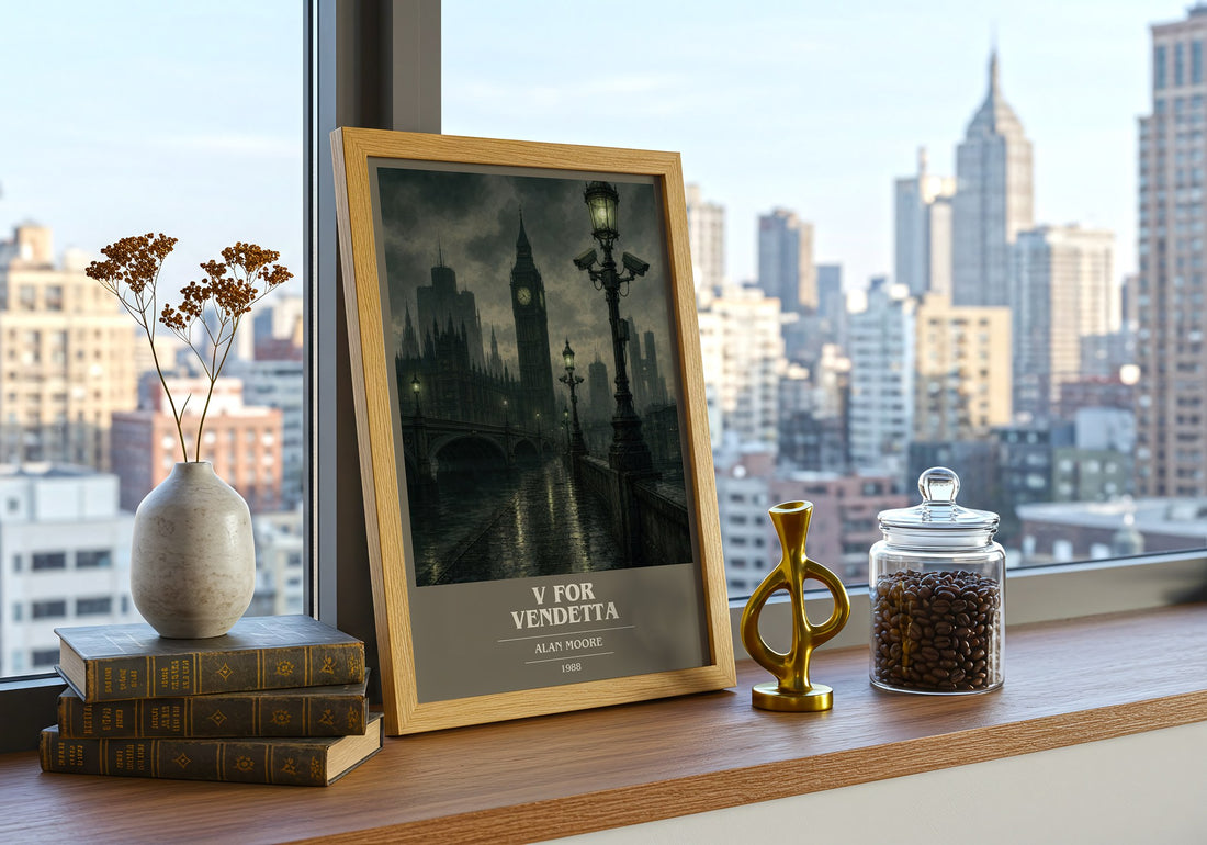 V for Vendetta book cover print framed by window – literary home decor