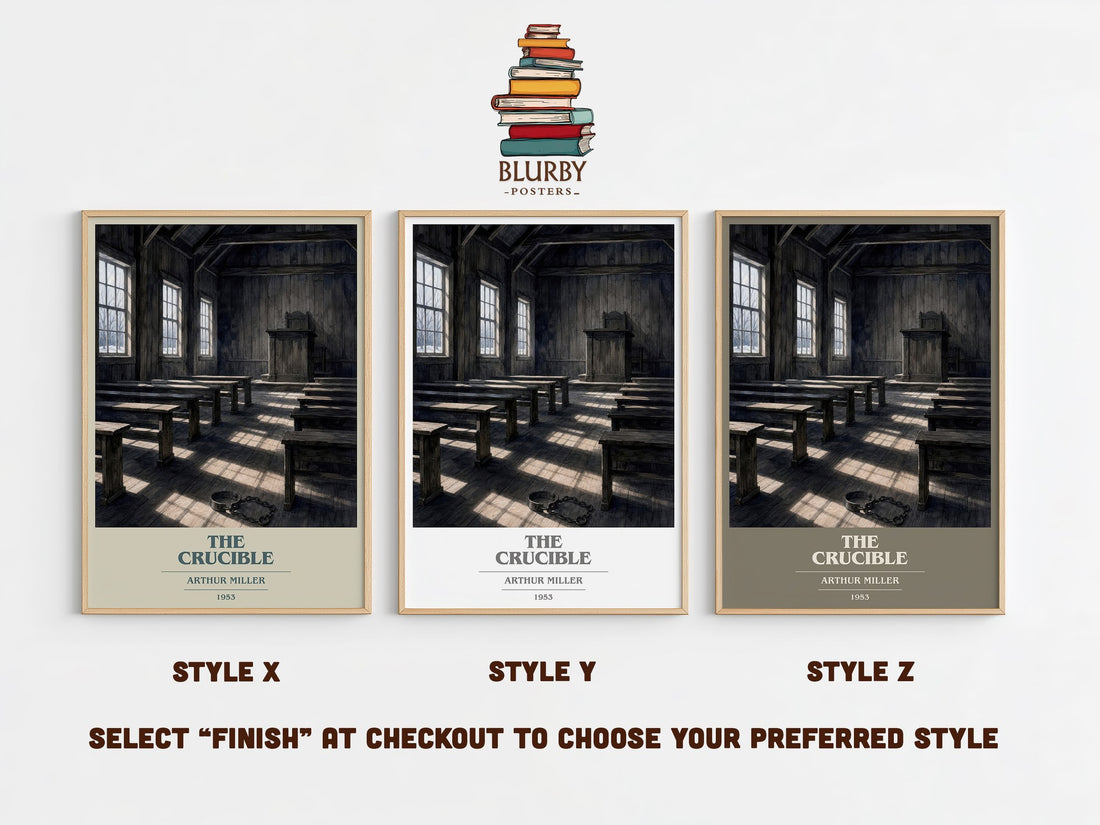 The Crucible book cover print in frame leaning in hallway – historical fiction wall art (mockup)