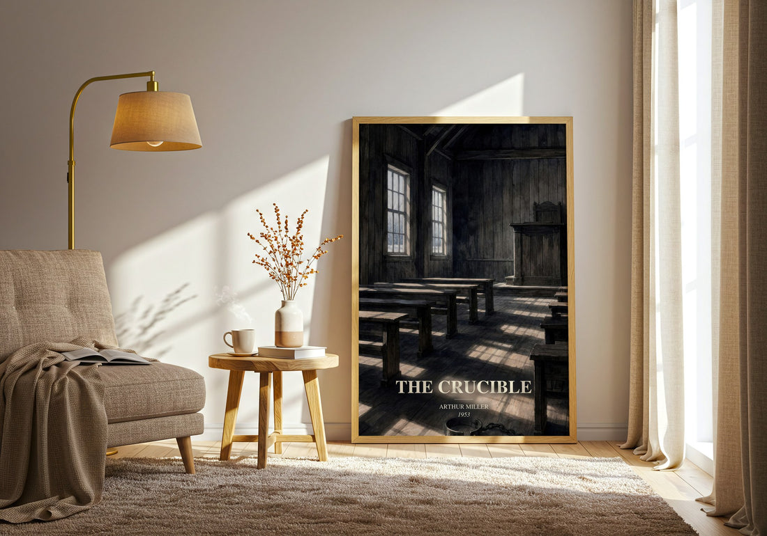 The Crucible watercolour print in frame leaning in hallway – historical fiction wall art