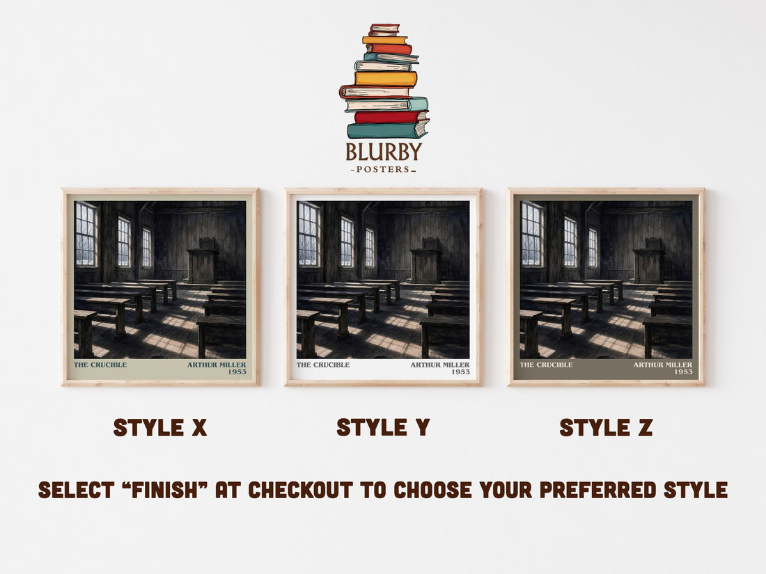 The Crucible literary print in frame leaning in hallway – historical fiction wall art (mockup)