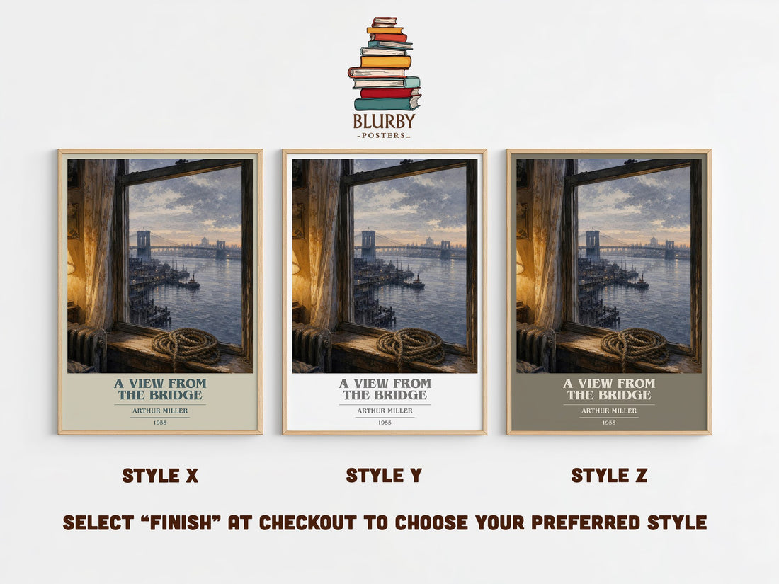 A View from the Bridge book cover print in frame leaning in hallway – literary fiction wall art (mockup)