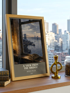 A View from the Bridge Book Cover Poster by Arthur Miller – framed print on a city-view windowsill