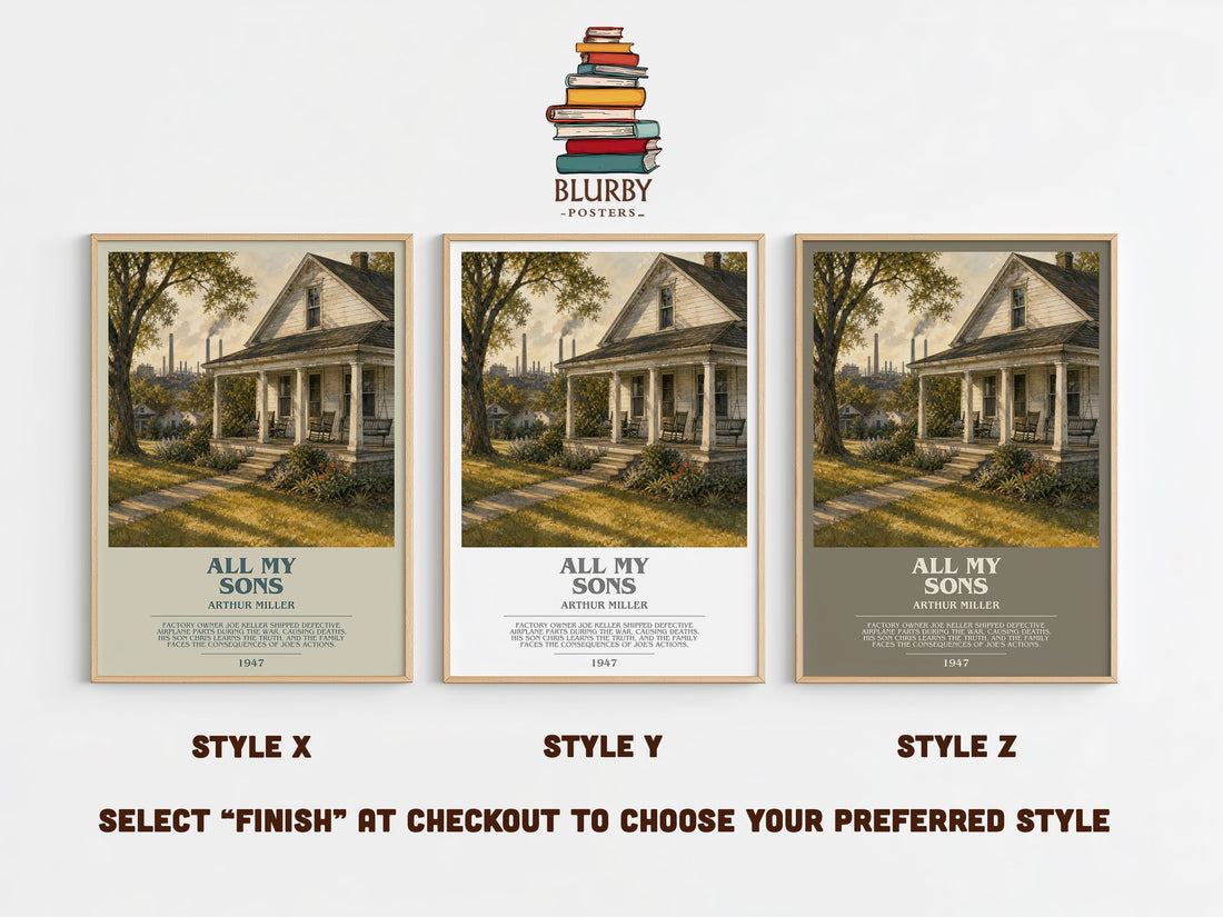 All My Sons bookish print in frame leaning in hallway – literary fiction wall art (mockup)