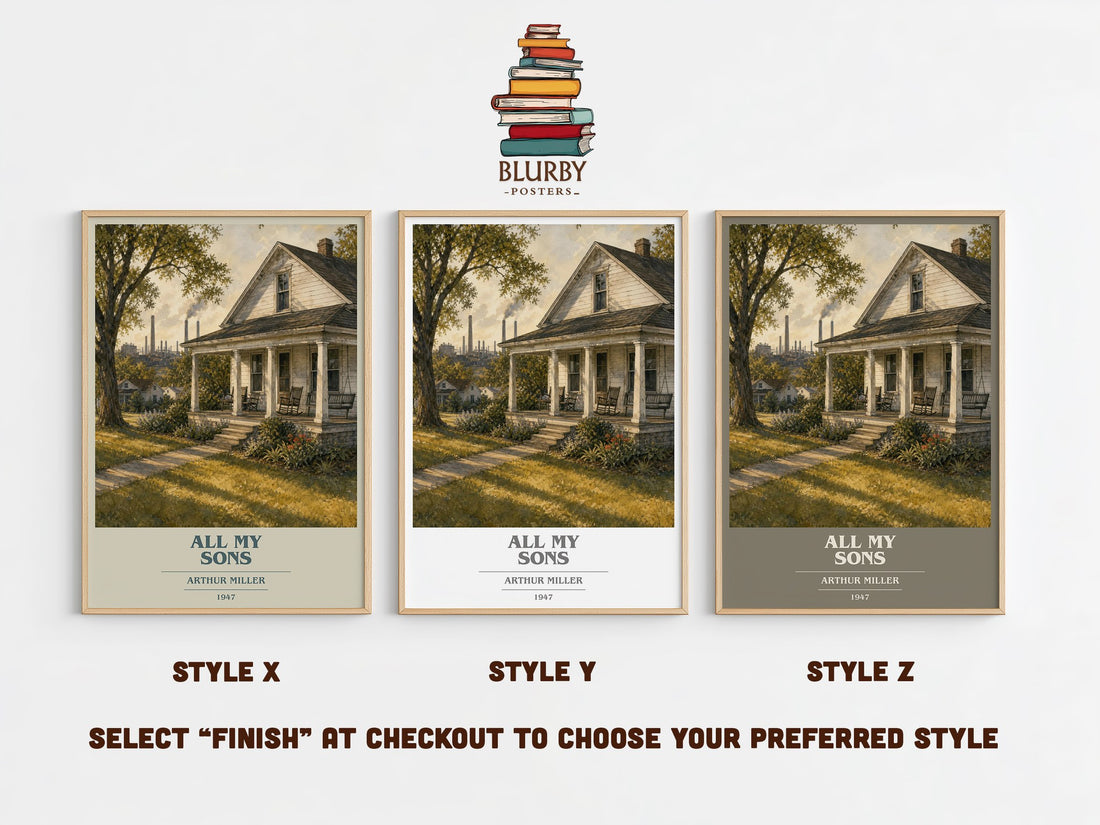 All My Sons book cover print in frame leaning in hallway – literary fiction wall art (mockup)