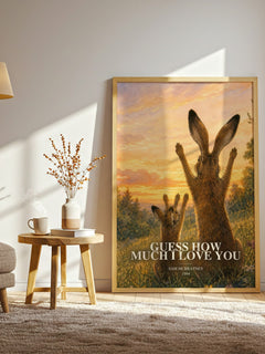 Guess How Much I Love You watercolour print in frame leaning in hallway – childrens wall art